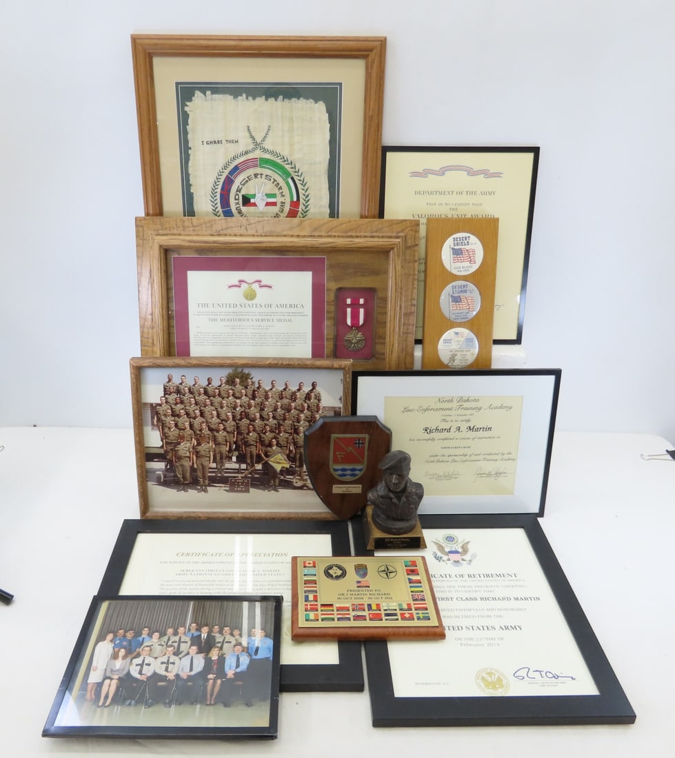 Richard Martin Framed Military Certificates & More: Richard Martin Framed Military Certificates & More - Plaques, Certificates, Photographs & Medal. Largest Framed Piece 21x17x2", LOT SIZE: 21x17x11" 24 LBS All information and photos, which are part