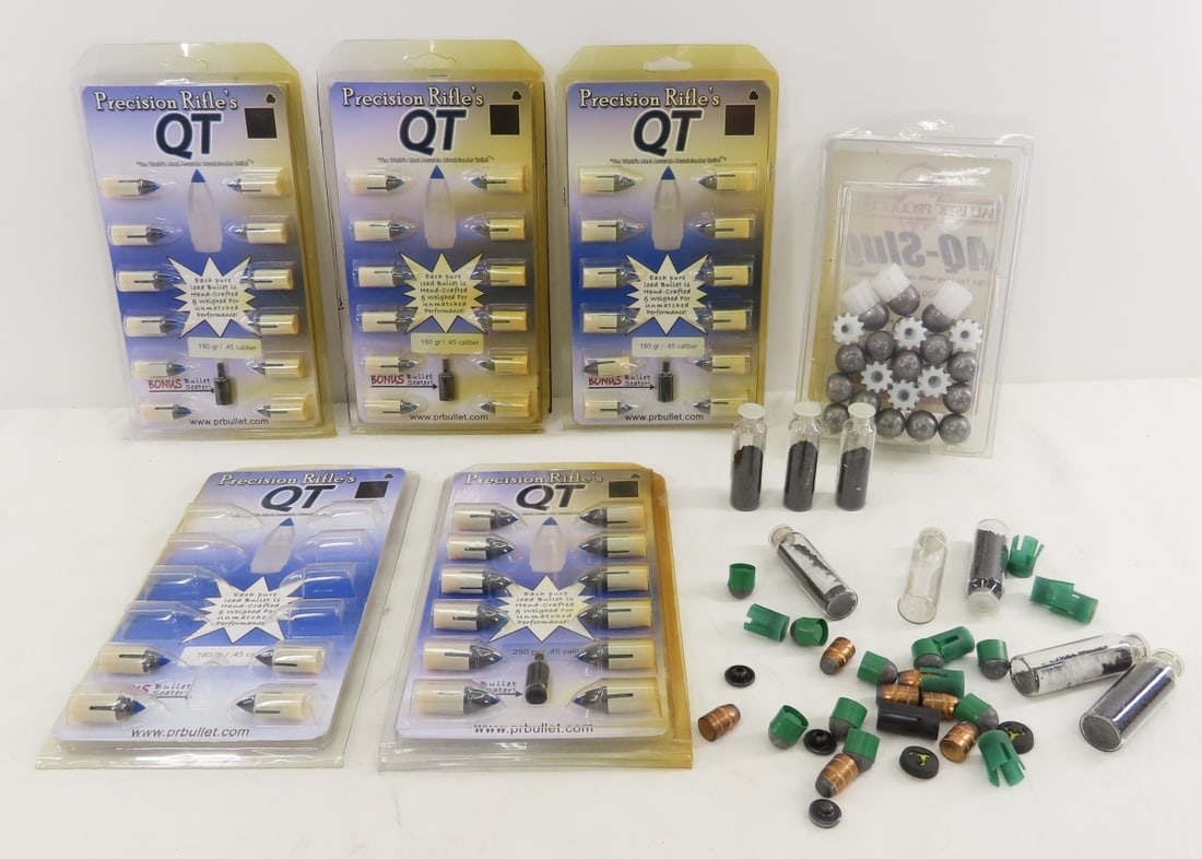 Precision Rifle QT .45 Cal Bullets & More: Precision Rifle QT .45 Cal Bullets & More - 40 180gr .45 cal in packages, 12 250 gr .45 cal in packages with sabots and seater, bag with other .45 sabot parts & powder, and pack of AQ-12 GA slugs, LOT