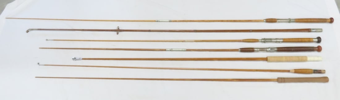 7 Vintage 6-Sided Bamboo Cane Poles: 7 Vintage 6-Sided Bamboo Cane Poles - South Bend Single Cross Built 72", Unbranded 2-Piece(no tip) 6'1", Montague Rebuilt by Denis Carter 1990(no grip extension), Shakespeare 5'11"(no grip