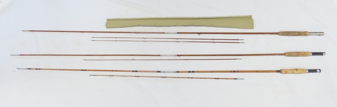 3 Vintage 3-Piece 6-Sided Bamboo Fly Fishing Rods: 3 Vintage 3-Piece 6-Sided Bamboo Fly Fishing Rods - Shakespeare 8'7", Sport King 9'2", Wright & McGill 'Granger Victory' 9'(comes with additional top section). LOT SIZE: 38x3x3" 2 LBS All information