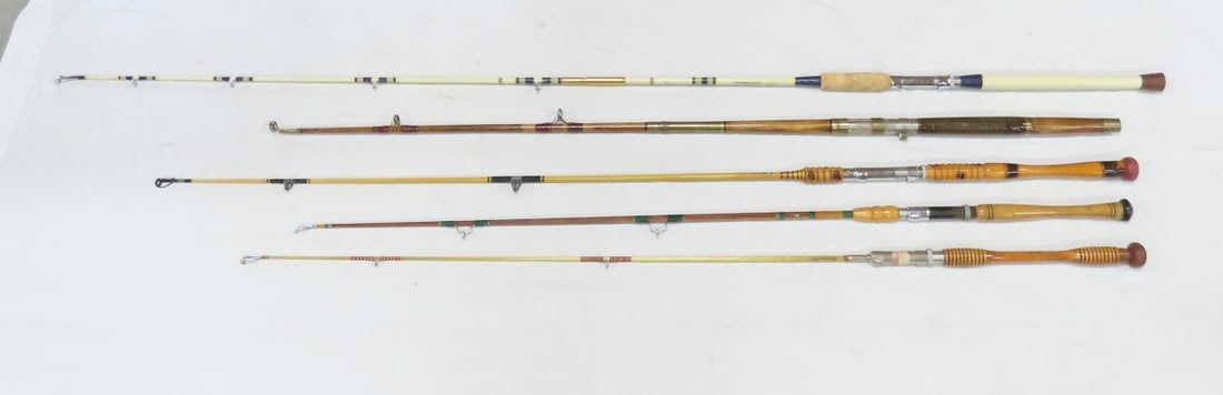 5 Vintage Casting/Trolling Rods- Pflueger & Others: 5 Vintage Casting/Trolling Rods- Pflueger & Others - Antique Wood Pflueger GripTite No. 2960 2-Piece 5', PlyFlex 1-Piece 4-Sided 4'8", Montague 4'11", PlyFlex Custom Built 6-Sided 5'8", Shakespeare