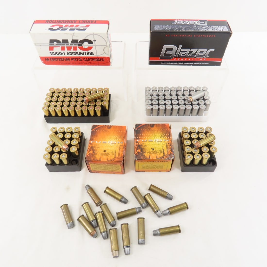 156 Rounds .44 MAG Ammunition: 156 Rounds .44 MAG Ammunition - 40 rounds in 2 boxes Federal Fusion 240 gr SP, 1 50 round box PMC target 240 GR TCSP, 1 50 round box Blazer 240 GR JHP, and bag of 16 assorted rounds/ LOT SIZE: 7x6x5"