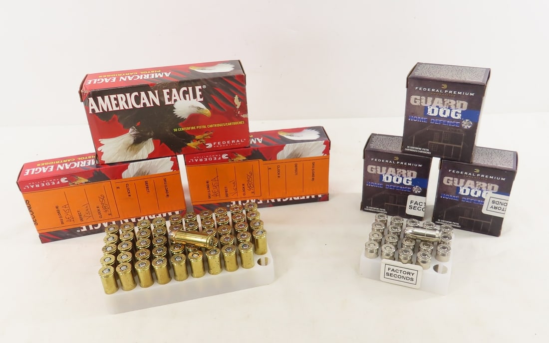 225 Rounds Federal .45 AUTO Factory Second Ammo: 225 Rounds Federal .45 AUTO Factory Second Ammo - 1 box total 50 rds American Eagle 225 GR JSP, 2 boxes total 100 rds American Eagle 230Gr FMJ, 3 boxes total 75 rds Guard Dog 165GR. LOT SIZE: 7x6x5"
