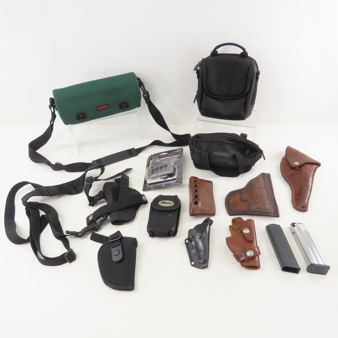 NEW Tactical 32mm Reflex Sight, Holsters & More: NEW Tactical 32mm Reflex Sight, Holsters & More - Centerpoint sight in package, 17 rd Glock 9mm magazine- incomplete, 19rd XDM Springfield Armory XDM magazine, 3 small leather holsters, Brauer Bros