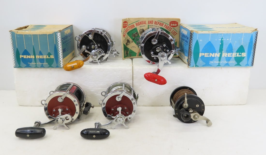 5 Vintage Penn Saltwater Fishing Reels, 113H: 5 Vintage Penn Saltwater Fishing Reels, 113H - Untested: (2) 113H Special 4/0 Senator, 349 Master Mariner in Box, 2216 Ocean Queen, Senator 114 in Box . LOT SIZE: 10x10x10" 10 LBS All information and