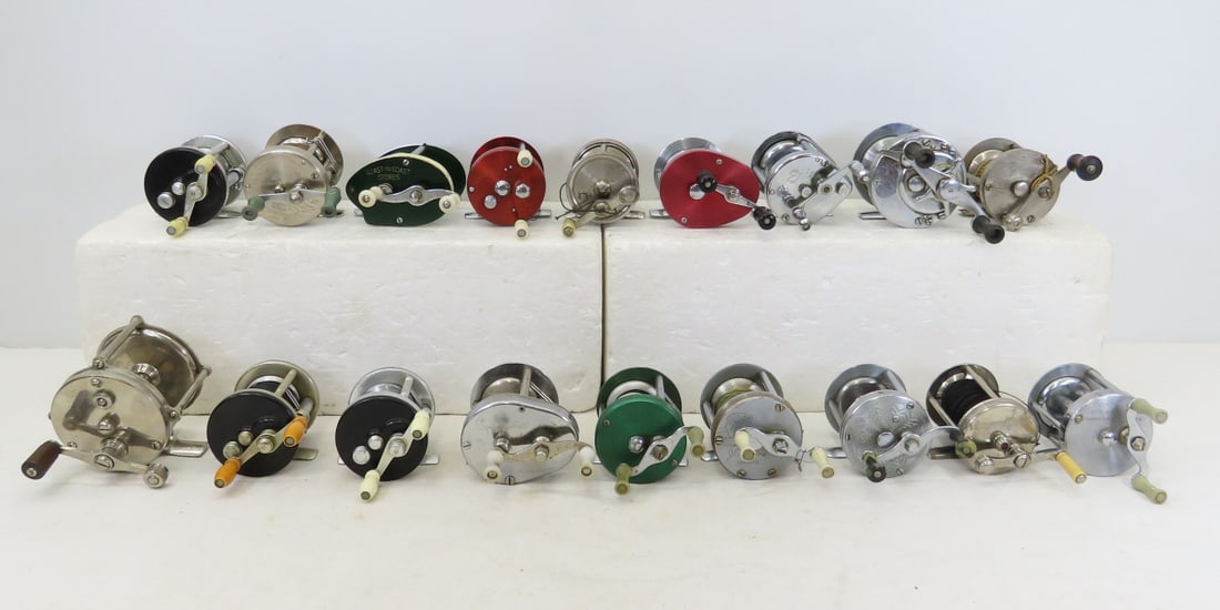 18 Vintage Baitcasting Reels, JA Coxe, Erie, Other: 18 Vintage Baitcasting Reels, JA Coxe, Erie, Other - Untested: JA Coxe 25, JA Coxe 25n, JA Coxe 25-2, JA Coxe (no model), Coast to Coast, Takapart 480, Sportmaster, Sears Model 535, JC Higgins, Erie, 