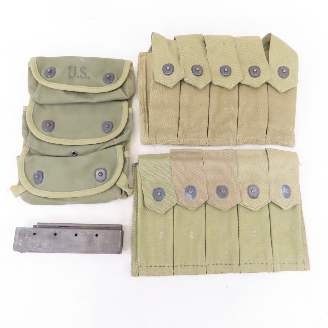 WWII US Grenade Pouch & 2 M28 Magazine Pouches: WWII US Grenade Pouch & 2 M28 Magazine Pouches - 1 20 round magazine, 2 pouches for 5 magazines each - 1 marked US, 1 marked US BB Inc 1943, magazine marked Auto Ordnance Co. LOT SIZE: 13x9x4" 3 LBS