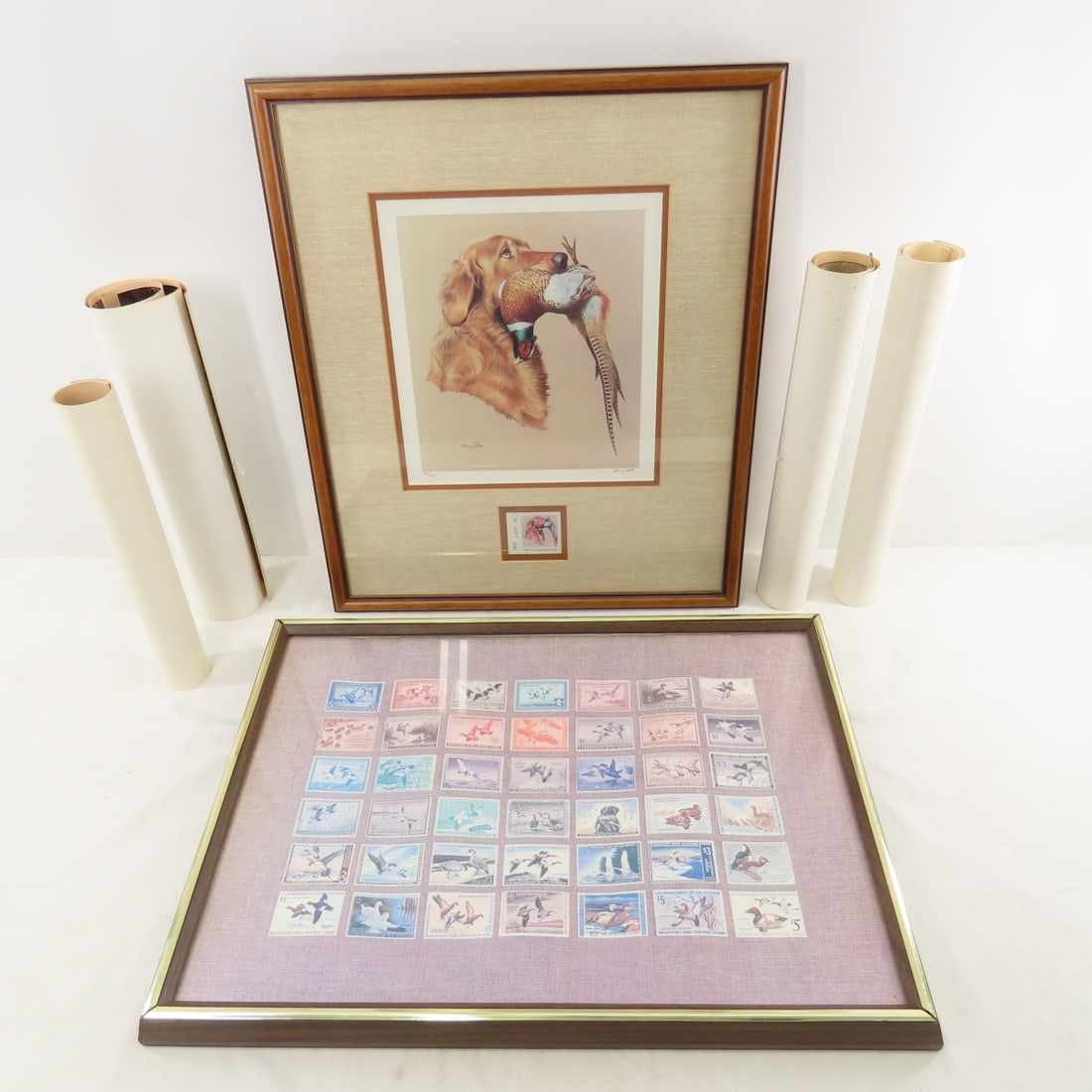 Pheasant & Duck Stamp Prints and Repro Calendars: Pheasant & Duck Stamp Prints and Repro Calendars - 16x19" framed 1978 NH Pheasant stamp print signed- Harry Tolles. Peters 1904 & 1906, and Remington 1904 calendar reproductions - rolled in tubes,