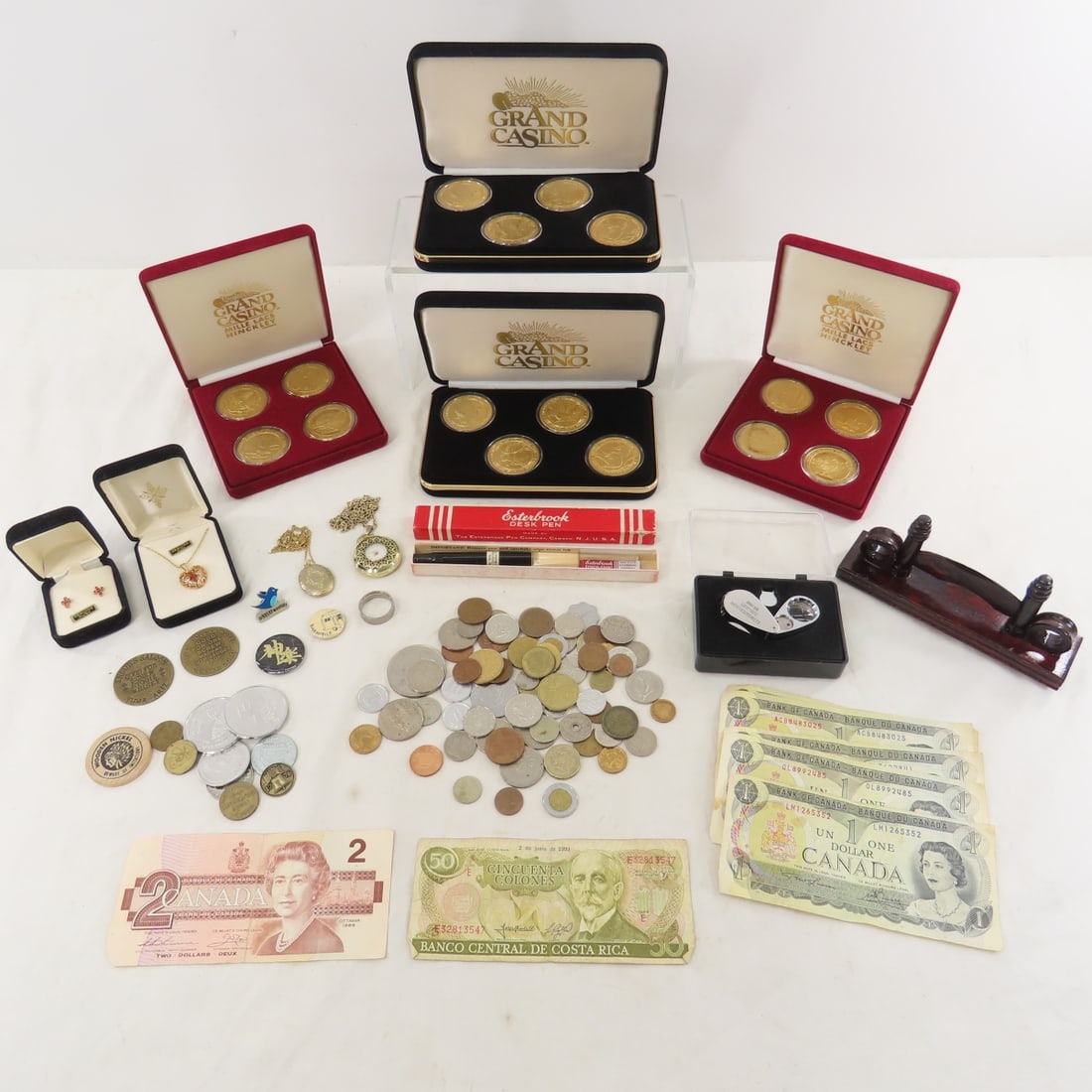 Casino Coins, Foreign Coins, Tokens & Jewelry: Casino Coins, Foreign Coins, Tokens & Jewelry - 4 sets of 4 Grand Casino collector coins, Foreign Coins, Canadian Currency - $7 face, 1993 Costa Rica 50 Colones note, Costume Jewelry, new Esterbrook