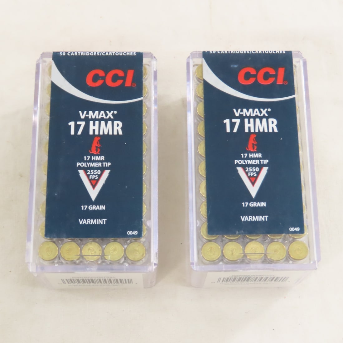 100 Rounds CCI V-Max 17 HMR Varmint Ammunition: 100 Rounds CCI V-Max 17 HMR Varmint Ammunition - 2 sealed boxes of 50 rounds each, 1 box has a crack in the plastic. LOT SIZE: 4x4x2" 1 LB All information and photos, which are part of the