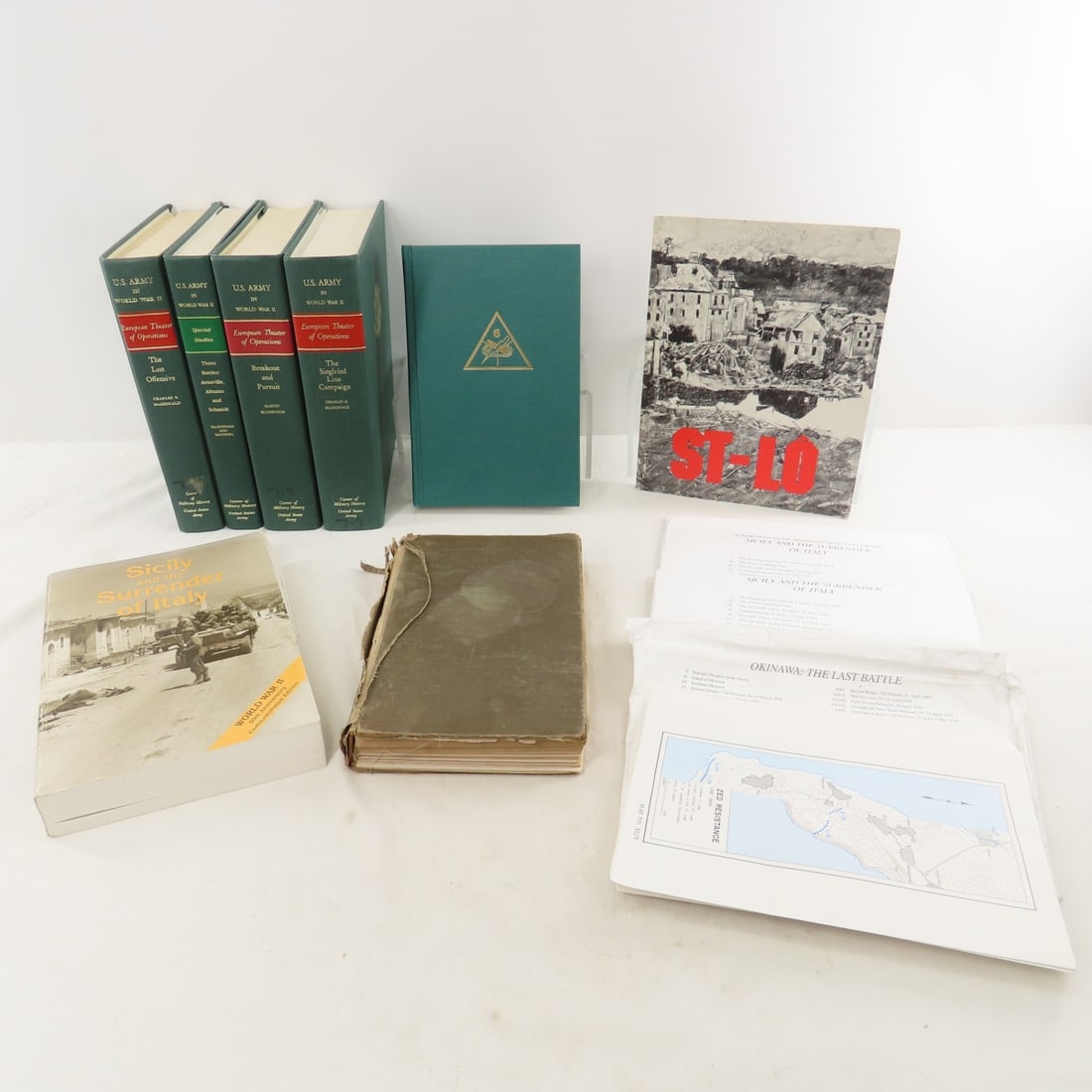 WWII Historical Military Non-Fiction Books: WWII Historical Military Non-Fiction Books - Sicily and the Surrender of Italy book with maps, ST-LO book with maps, Okinawa- battle maps, History of the 94th Infantry Division (damaged), The Super Si
