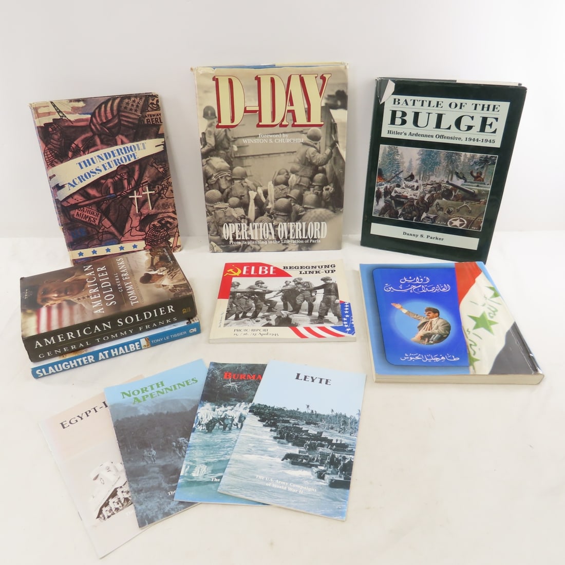 WWII, Afghanistan & Military Non-Fiction Books: WWII, Afghanistan & Military Non-Fiction Books - "Thunderbolt Across Europe"- 83rd infantry Division, "Leader Sadam Hussein's Firsts" in Arabic, "Battle of the Bulge", "D-Day operation Overlord", "Sla