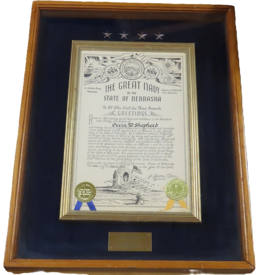 1972 Great Navy of Nebraska Framed Presentation: 1972 Great Navy of Nebraska Framed Presentation - Frame measures 26.25x20x2" Presented to Orrin W Shepherd. LOT SIZE:27x20x2" 11 LBS All information and photos, which are part of the description) are 