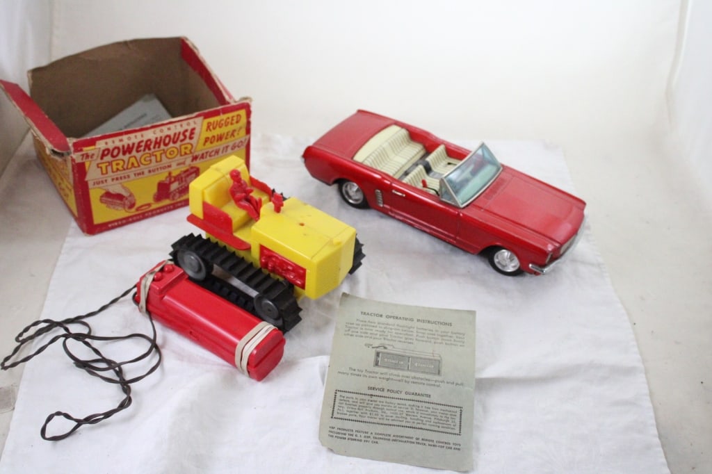 1965 Bandai Mustang Convertible Works, Plus: 1965 Bandai Mustang Convertible Works, Plus - Vibro-Roll Powerhouse Tractor in Partial Box. Untested Bandai is Battery Operated and Works. Lot Size 12" x 7" x 7". 2 Lbs. All information and photos,