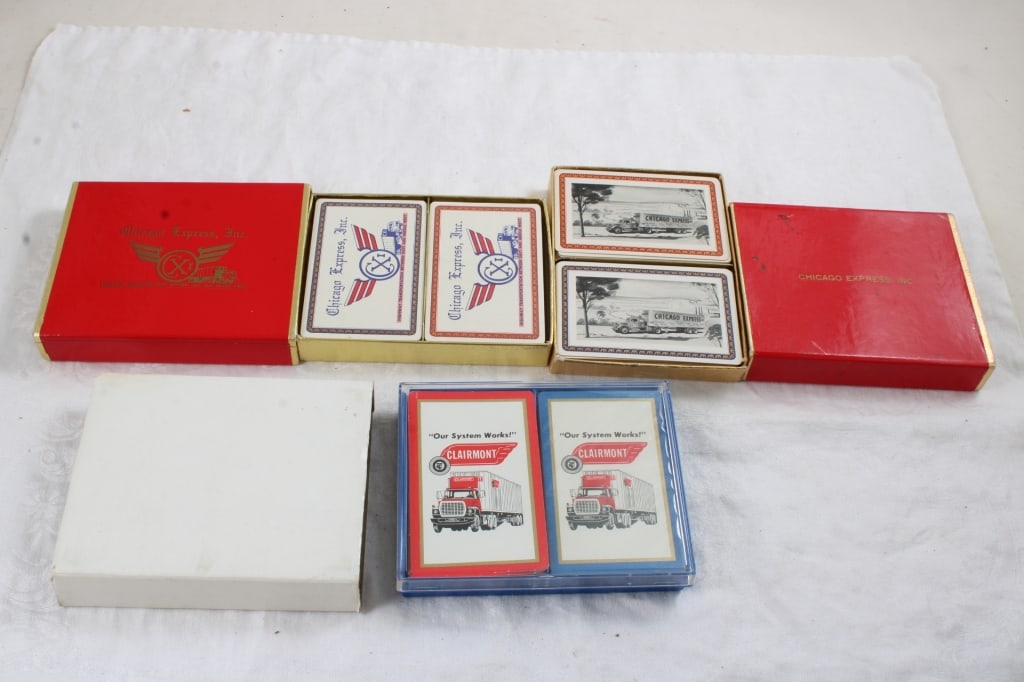 3 Double Deck Advertising Playing Cards: 3 Double Deck Advertising Playing Cards - Trucking Companies. Clairmont, Chicago Express, Inc. and Chicago Express, Inc. XI. Lot Size 5" x 4" x 3". 2 Lbs. All information and photos, which are part