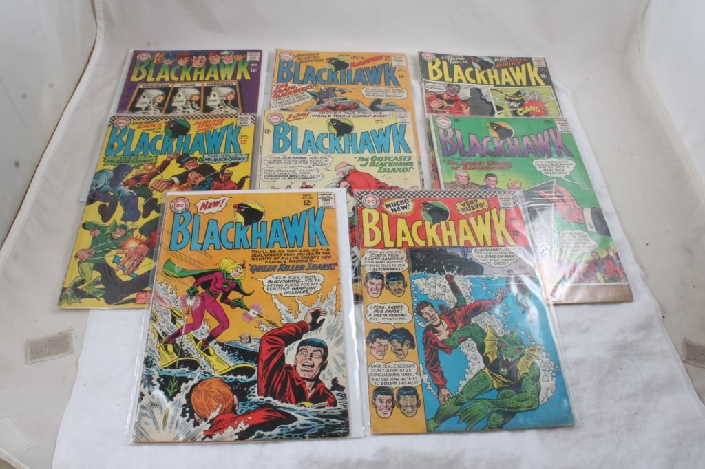 8 Black Hawk Silver Age 12 Cent Comic Books: 8 Black Hawk Silver Age 12 Cent Comic Books - Lot Size 11" x 8" x 1". 1.5 Lbs. All information and photos, which are part of the description, are intended to be as accurate as possible, but errors