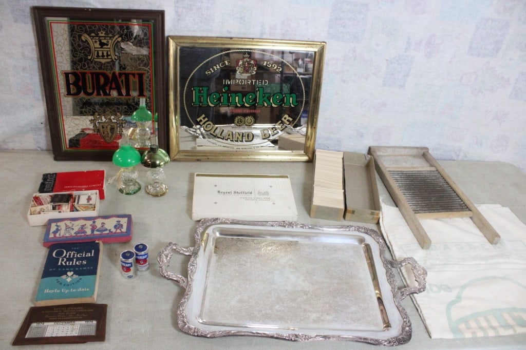 Silver Tray, 2 Bar Signs, Lamps, Matchbooks and: Silver Tray, 2 Bar Signs, Lamps, Matchbooks and - Washboard, Flour Sack, Regents Sheffield Steak Knife Set and more. Lot Size 23" x 15" x 7". 18 Lbs. All information and photos, which are part of the 