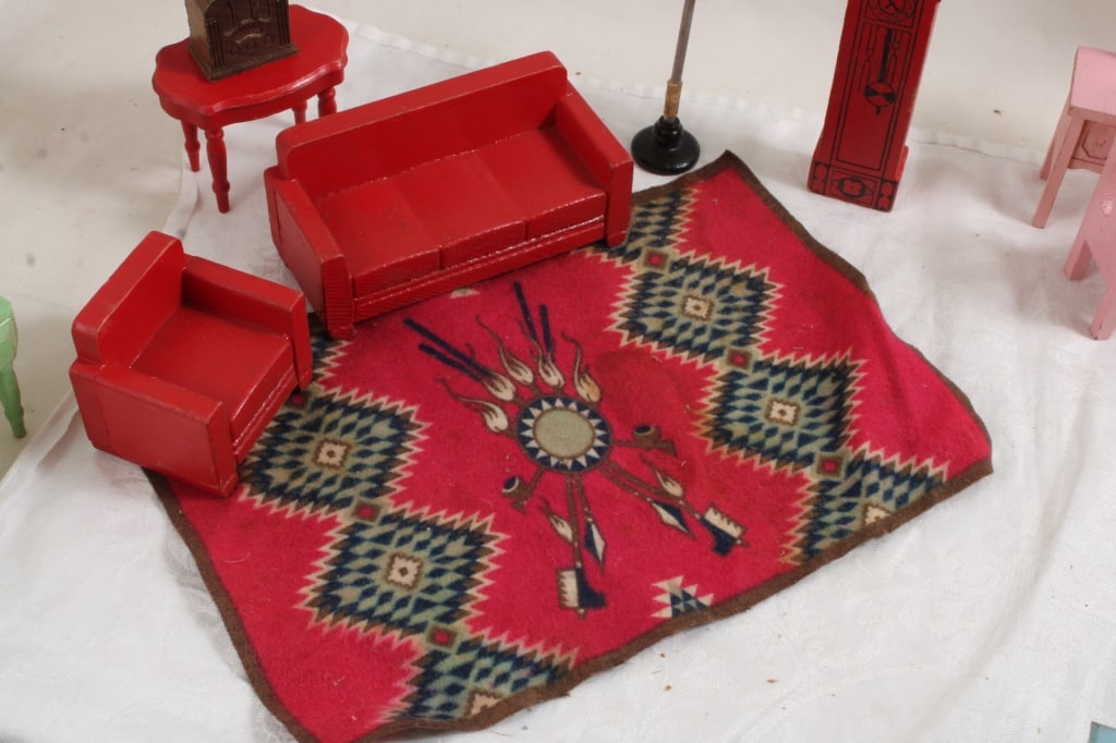 Wood Dollhouse Furniture, Tobacco Cloth Rugs - 6