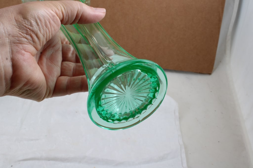 2 Uranium Glass Stretch Vases, Rooster Coin Bank - 12