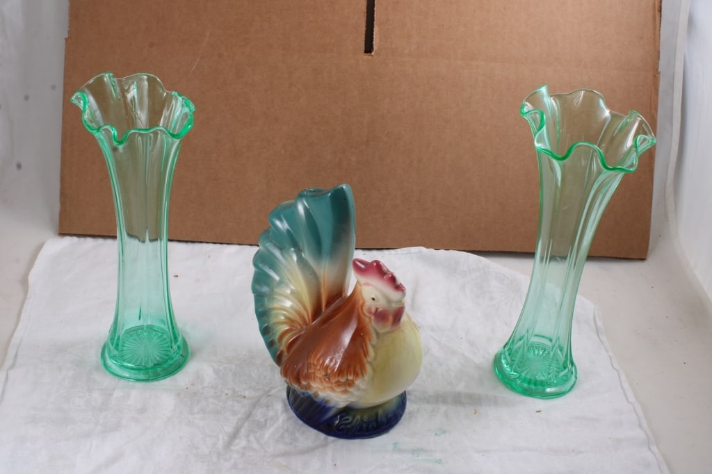 2 Uranium Glass Stretch Vases, Rooster Coin Bank (1 of 14)