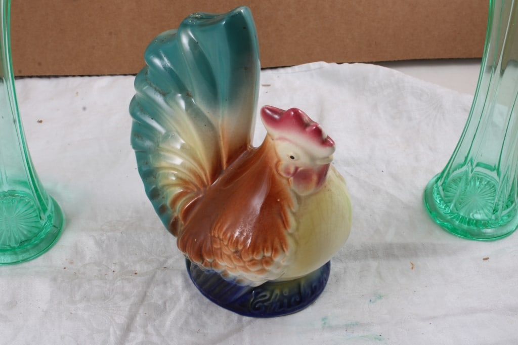 2 Uranium Glass Stretch Vases, Rooster Coin Bank - 2