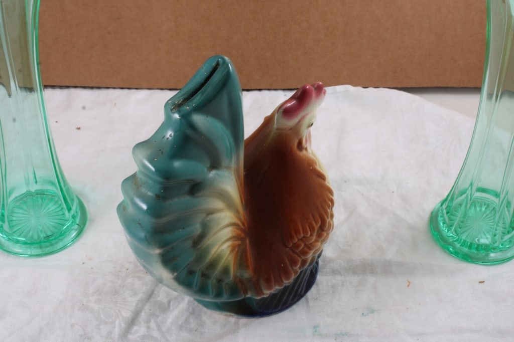 2 Uranium Glass Stretch Vases, Rooster Coin Bank - 3