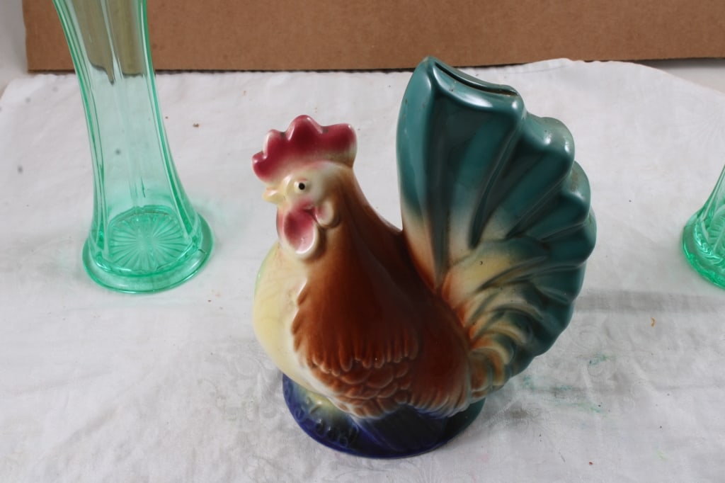 2 Uranium Glass Stretch Vases, Rooster Coin Bank - 4