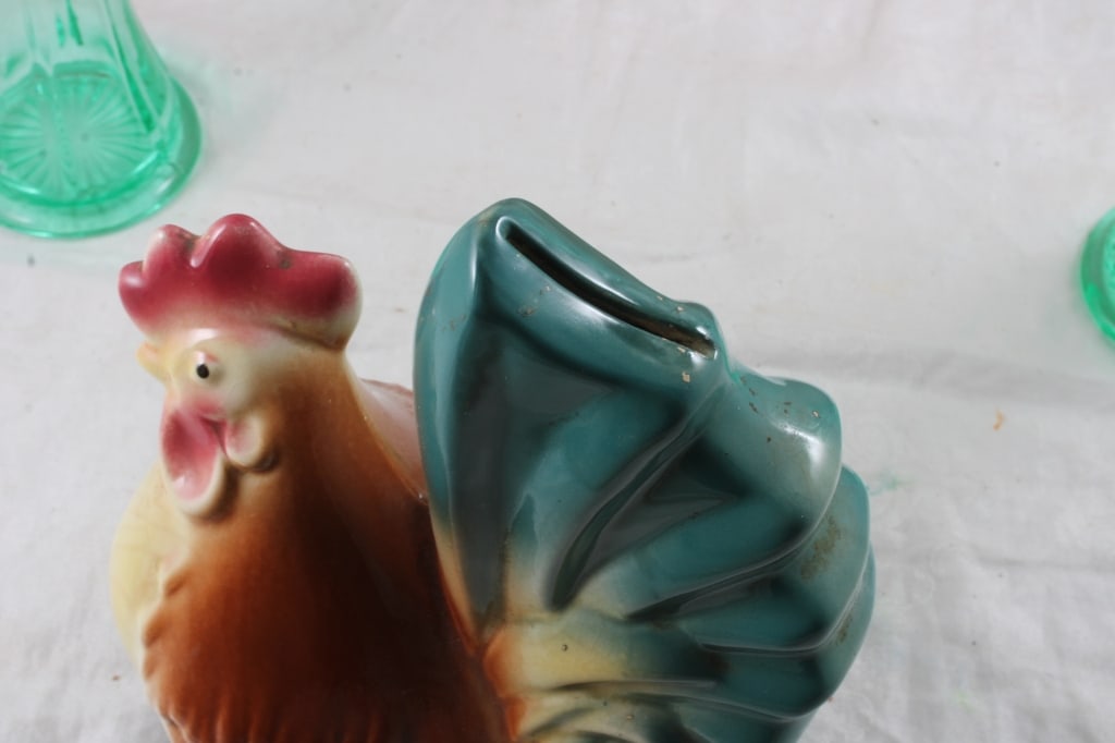 2 Uranium Glass Stretch Vases, Rooster Coin Bank - 7