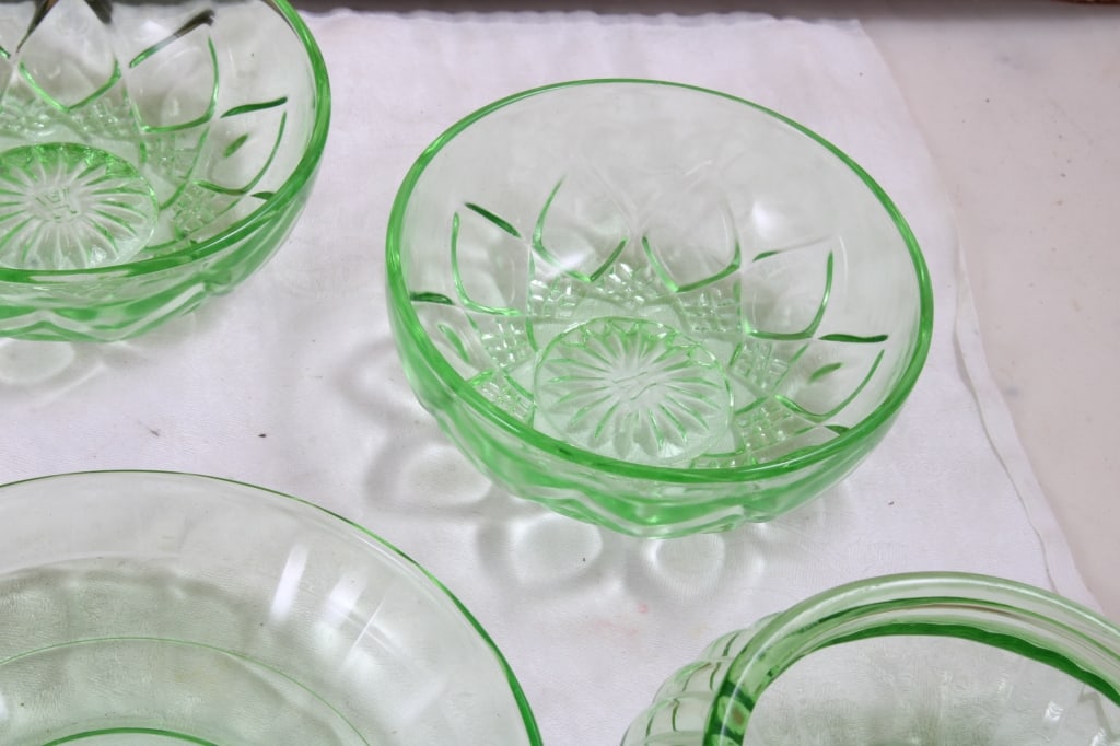 Uranium Glass Bowls, Plates, Creamer, Shot Glass - 10