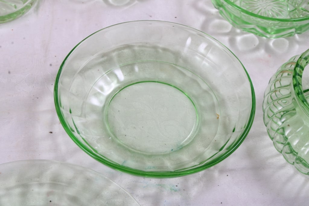 Uranium Glass Bowls, Plates, Creamer, Shot Glass - 12