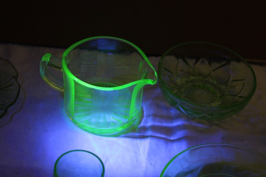 Uranium Glass Bowls, Plates, Creamer, Shot Glass - 16