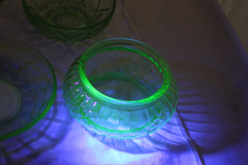 Uranium Glass Bowls, Plates, Creamer, Shot Glass - 19