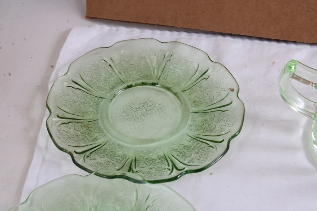 Uranium Glass Bowls, Plates, Creamer, Shot Glass - 2