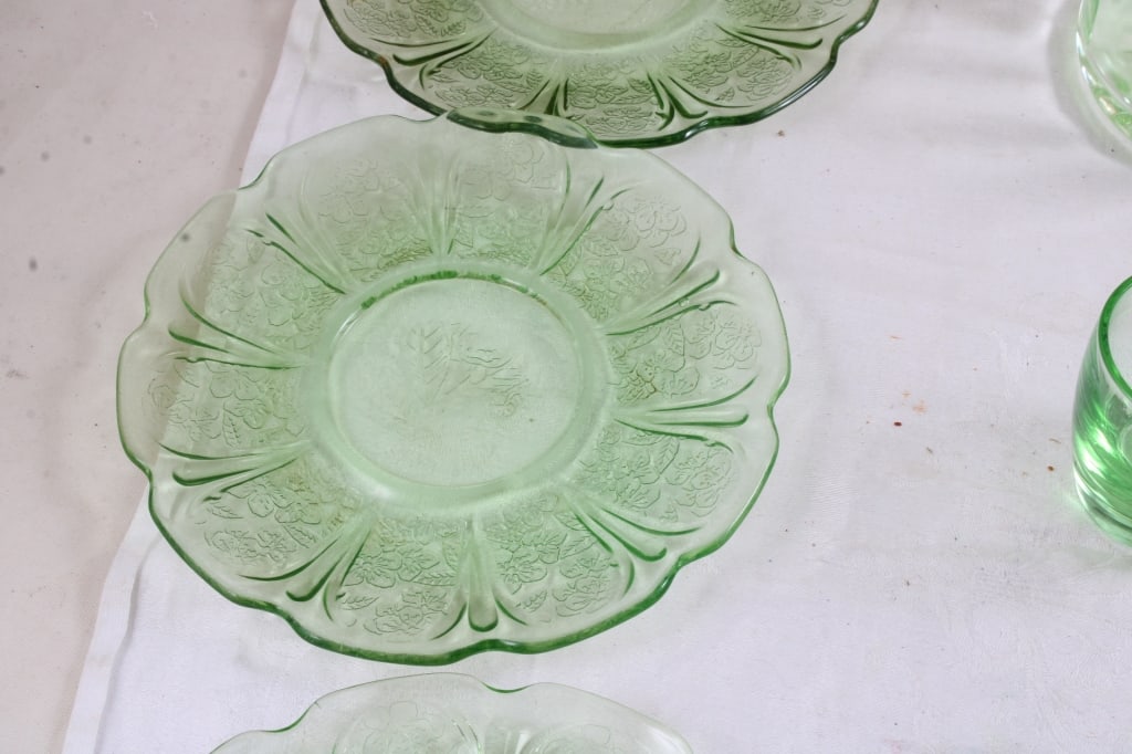 Uranium Glass Bowls, Plates, Creamer, Shot Glass - 3