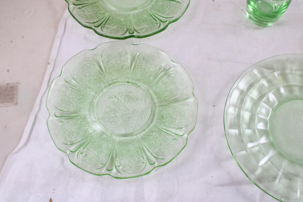 Uranium Glass Bowls, Plates, Creamer, Shot Glass - 4