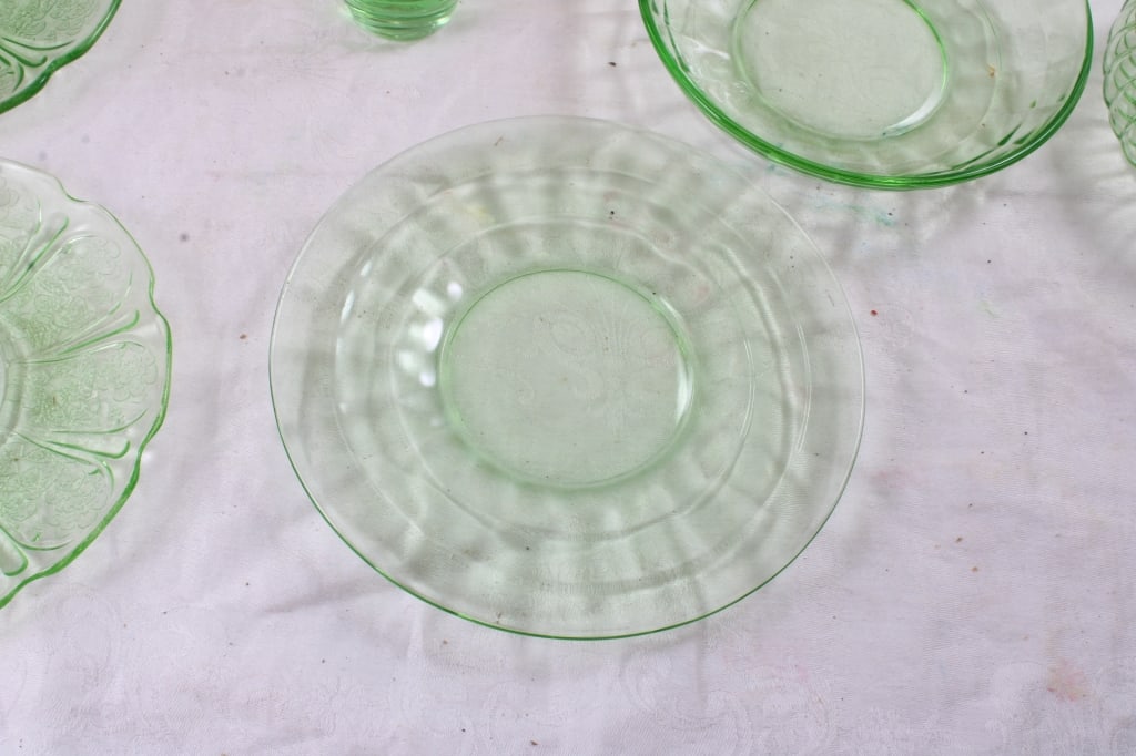 Uranium Glass Bowls, Plates, Creamer, Shot Glass - 5