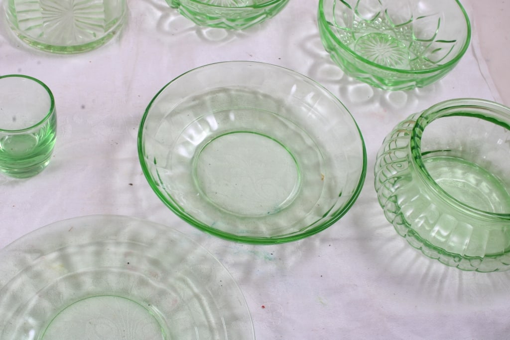 Uranium Glass Bowls, Plates, Creamer, Shot Glass - 6