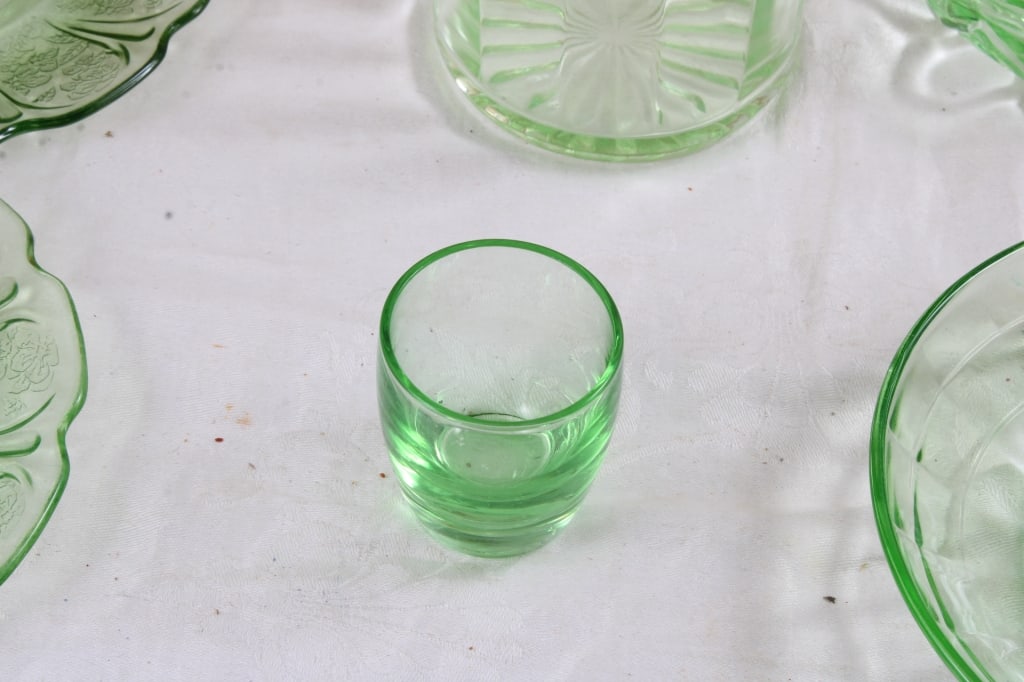 Uranium Glass Bowls, Plates, Creamer, Shot Glass - 7
