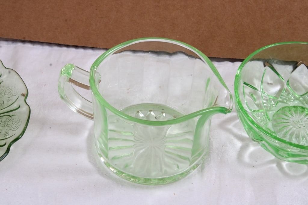 Uranium Glass Bowls, Plates, Creamer, Shot Glass - 8