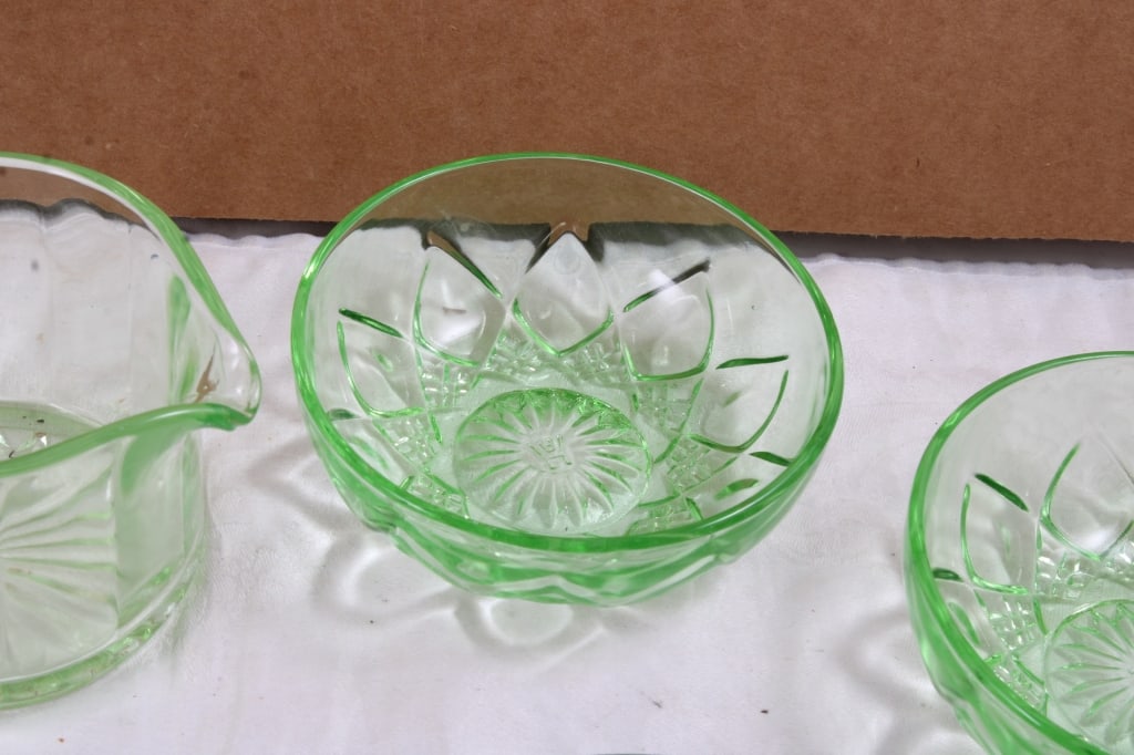 Uranium Glass Bowls, Plates, Creamer, Shot Glass - 9