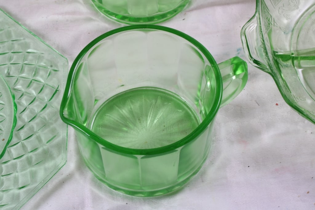 Uranium Glass Sugar Creamer Bowls Plates - 10