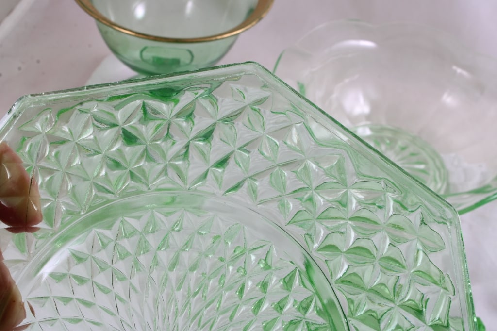 Uranium Glass Sugar Creamer Bowls Plates - 12