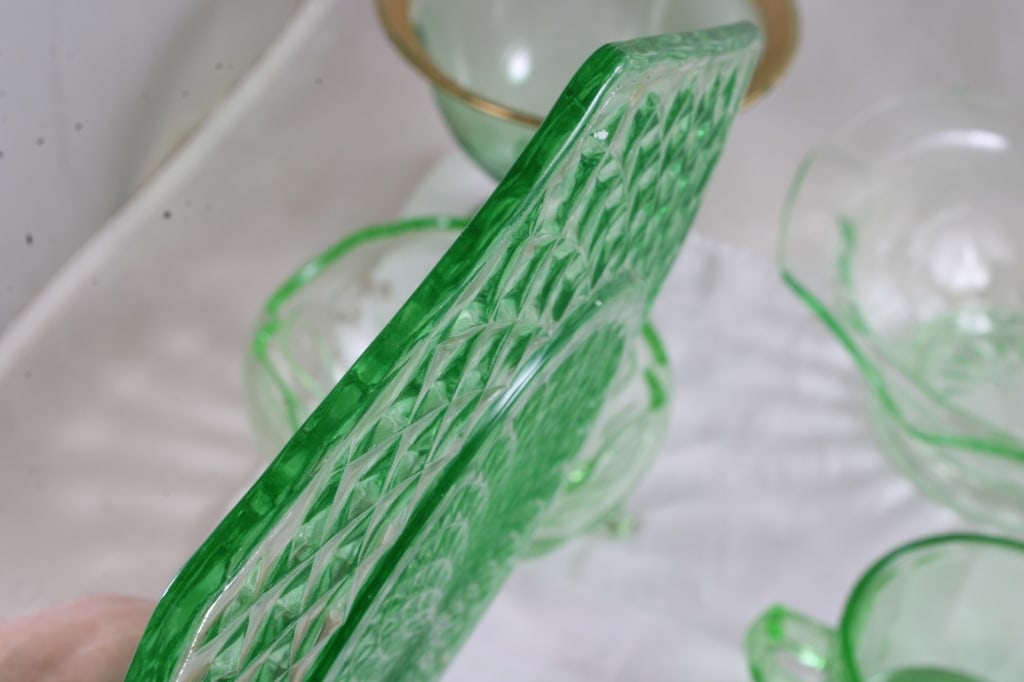 Uranium Glass Sugar Creamer Bowls Plates - 13