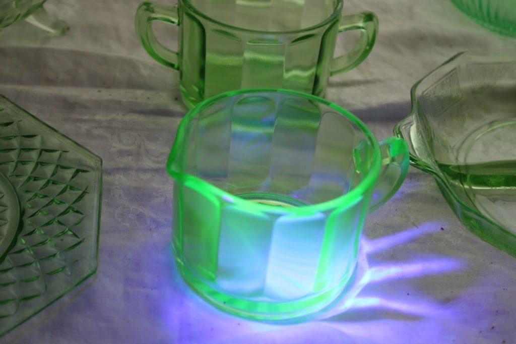 Uranium Glass Sugar Creamer Bowls Plates - 14