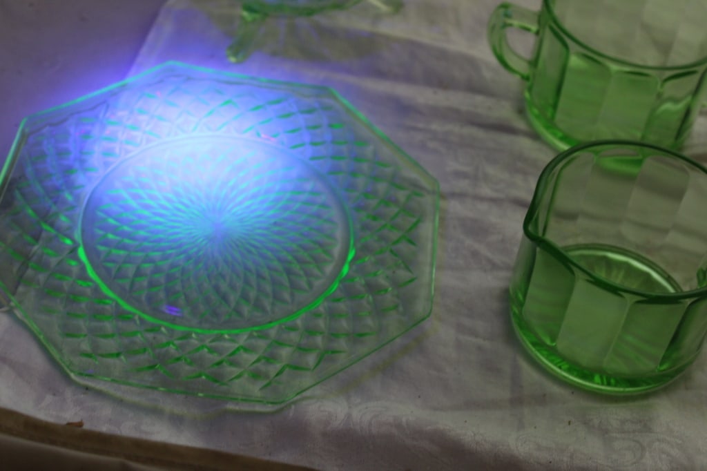 Uranium Glass Sugar Creamer Bowls Plates - 16