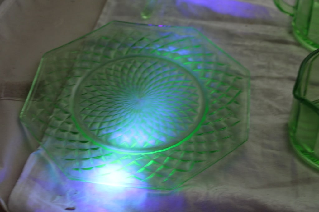 Uranium Glass Sugar Creamer Bowls Plates - 17