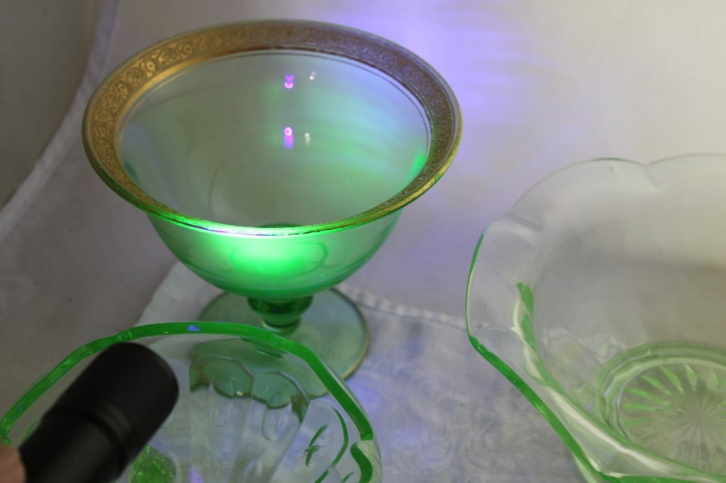 Uranium Glass Sugar Creamer Bowls Plates - 19