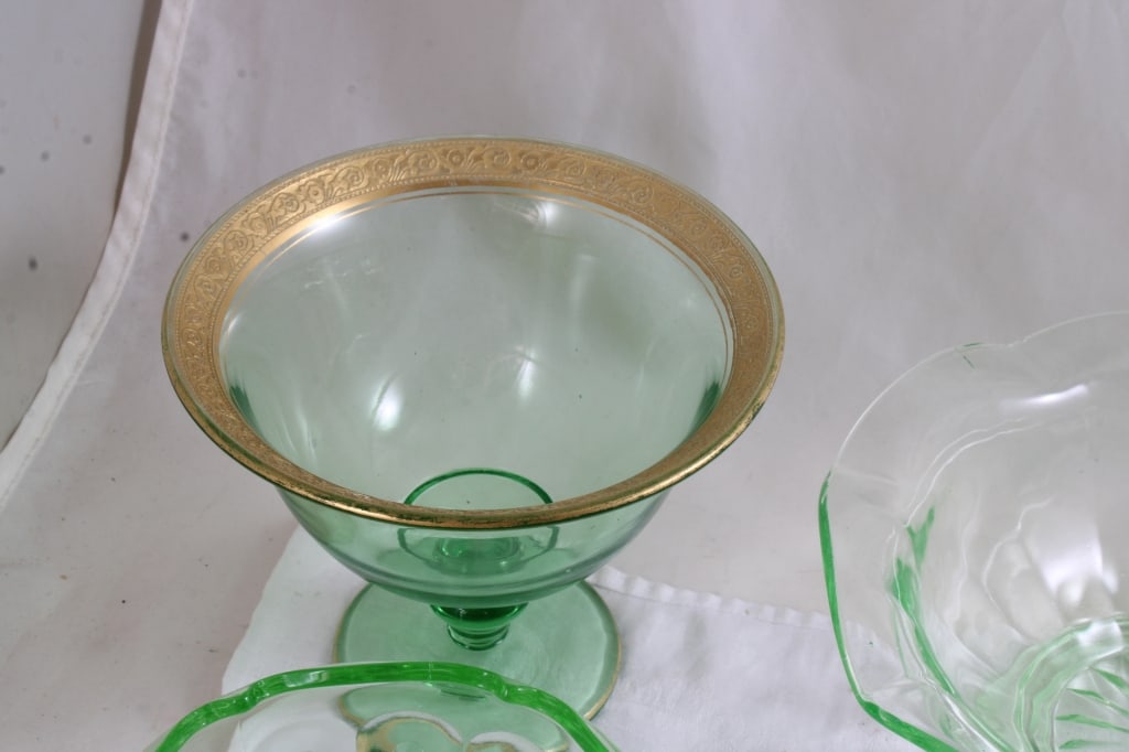 Uranium Glass Sugar Creamer Bowls Plates - 2