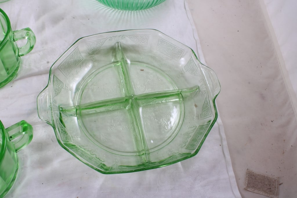 Uranium Glass Sugar Creamer Bowls Plates - 6