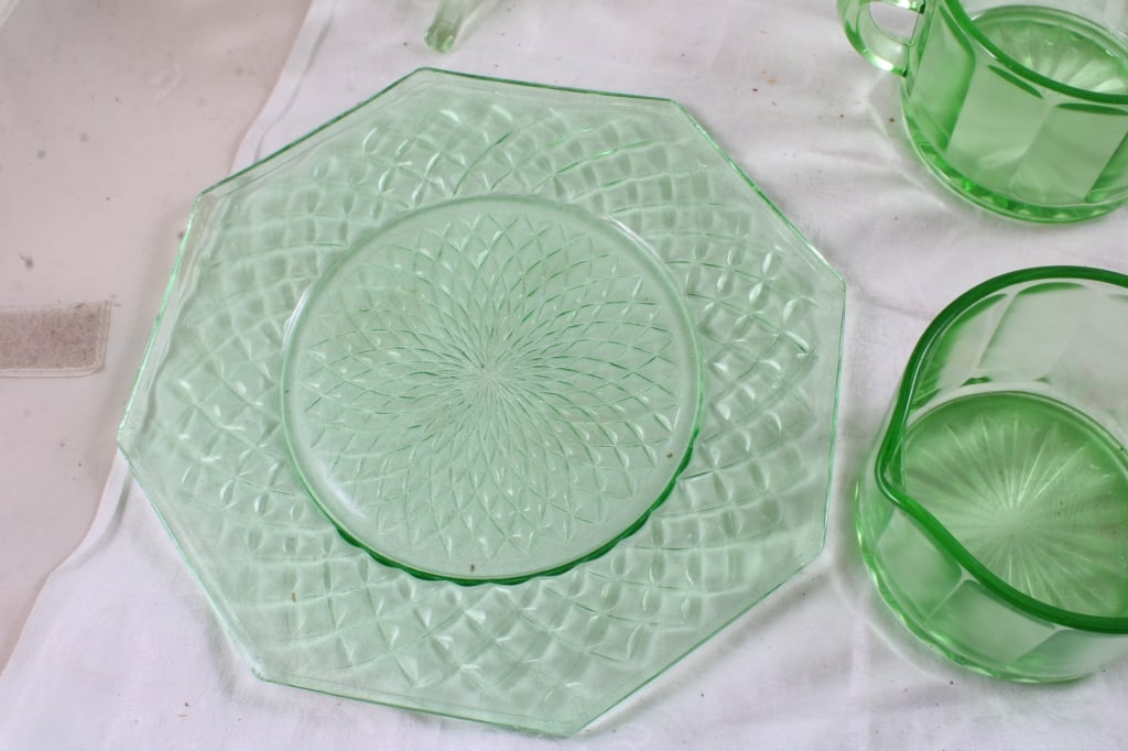 Uranium Glass Sugar Creamer Bowls Plates - 8